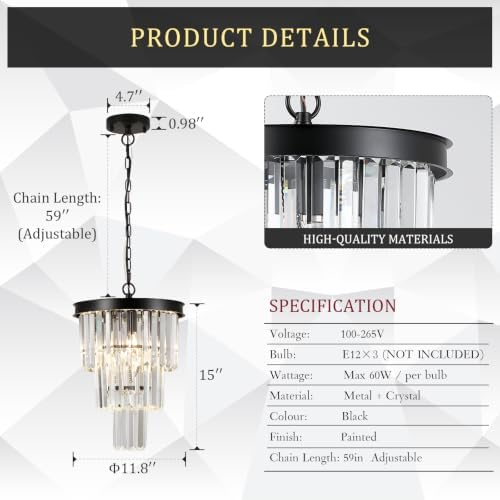 CATINER 12" Modern Crystal Chandeliers,3 Lights Black Round Light Fixture - Image 2
