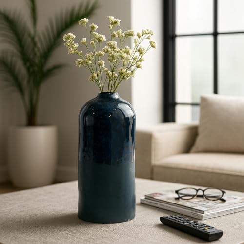 Polished Ceramic Vase for Bathroom Decor - Circle Earthenware Centerpiece for Home, Bedroom, Kitchen, and Living Room - Contemporary Flower Pots for Office, Entryway and Hallway - 14", Blue by NESSANDJORD