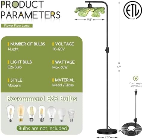 Vintage Dimmable Floor Lamp for Living Room, 67" Standing Lamp Mid Century Modern Tall lamp, Black Metal Pole with Green Flower Glass Shade, Tall Reading Lamp for Bedroom Office Corner - Image 4