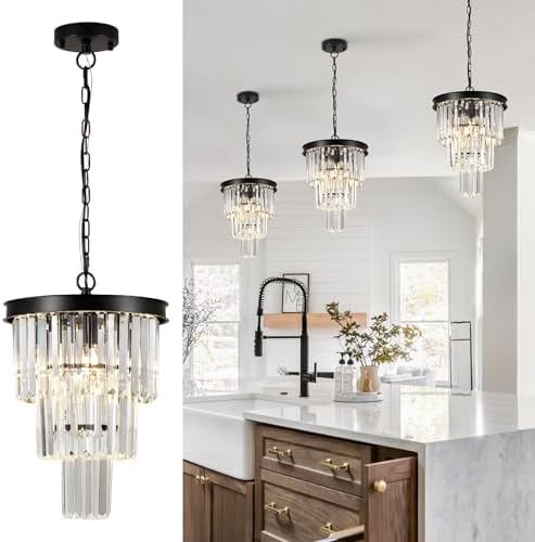 CATINER 12" Modern Crystal Chandeliers,3 Lights Black Round Light Fixture by CATINER