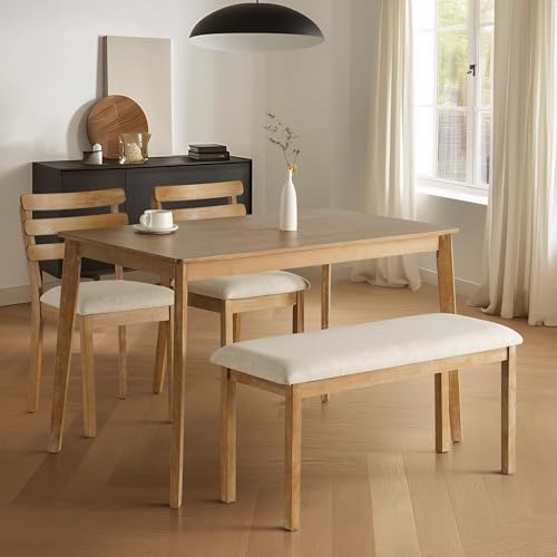 4-Piece Farmhouse Dining Set, Wooden Dining Table with 2 Chairs, Bench Seat by SIMTONAL