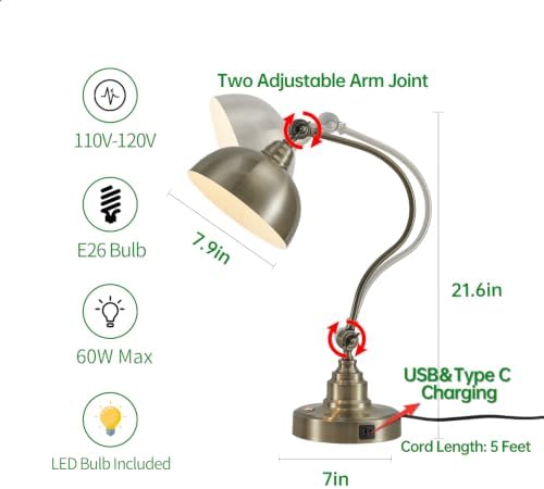 Dimmable Touch Control Antique Brass Desk Lamp with Swing Arm Charging Port - Image 5