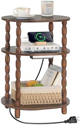 MaxSmeo Side Table with Charging Station, 3-Tier Small End Table with USB Ports and Outlets, Modern Oval Night Stand Accent Table for Living Room, Bedroom, Rustic Brown by MaxSmeo