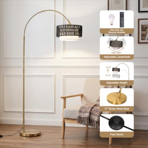Arc Floor Lamp for Living Room with Remote, 61.5"-72.4" Height Adjust Dimmable LED Floor Lamp with 3 Color Temps, Farmhouse Arched Standing Lamp,Boho Floor Lamp, Arched Floor Lamps for Bedroom, Office - Image 3