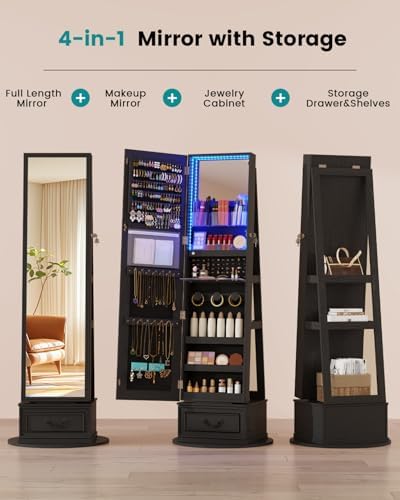 Vlsrka Mirror Jewelry Cabinet Standing with Lights, Lockable, Swivel, Black - Image 6