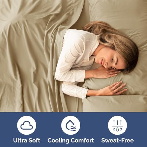 Split King Size 5 Piece Sheet Set - Breathable & Cooling Sheets - Beige - Image 4