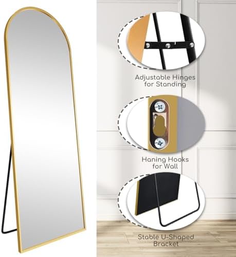 Prywot Arched Full Length Mirror Free Standing, 57"x20" Floor Mirror, Gold - Image 4