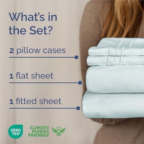 King Size 4 Piece Sheet Set - Comfy Breathable & Cooling Sheets - Ice Blue - Image 2