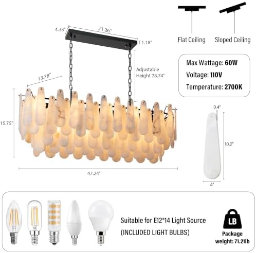 Chandeliers for Dining Room, L47.2 in Modern Alabaster Rectangle Black Chandelier, 4-Tiers Luxury Natural Stone Ceiling Light Fixture, White Marble Chandeliers for Kitchen Island Living Room Bedroom - Image 2