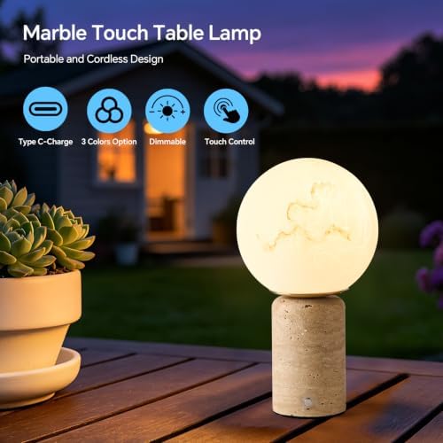 Natural Travertine Table Lamp Cordless Rechargeable Marble Touch Night Light with Glass Shade 3 Color Adjustable LED Dimmable Ambient Lighting for Bedroom Living Room Desk Shelf - Image 2
