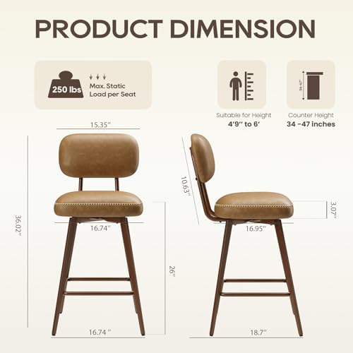 MALOL 26“ Swivel Bar Stools Set of 2, Mid Century PU Leather Counter Height Bar Chairs with Low Back and Metal Legs, Modern Bar Stool Chair for Kitchen Island, Brown - Image 2