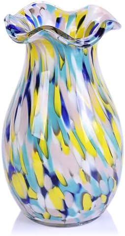 10.6in Hand Blown Blue Glass Vase – Wide Mouth Murano Bubble Art Glass Vase, Cobalt Blue Flower Vase for Coastal, Vintage, Colorful Home Decor, Vase Gift for Mom or Display (Colorful) by PlivBloom