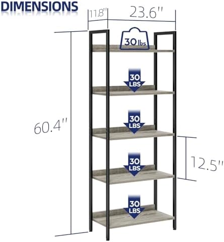 NUMENN Bookshelf, 5 Tier Freestanding Shelving Unit, Grey - Image 3