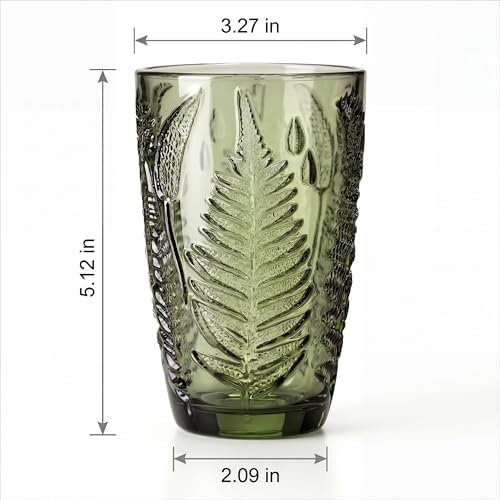 Green Drinking Glasses Set of 8, 12 oz Glass Cups, Vintage Fern Glassware - Image 4