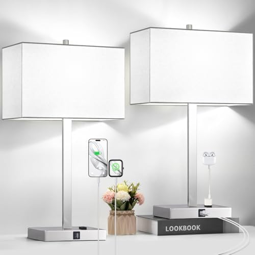 21" Set of 2 Touch Control Table Lamps with 2 USB & AC Outlets, 3-Way Dimmable Modern Nightstand Lamps for Bedroom Living Room Office Reading, White Shade Bedside Lamps, 5000K LED Bulbs Included. by BringBrightnesstoYourLife