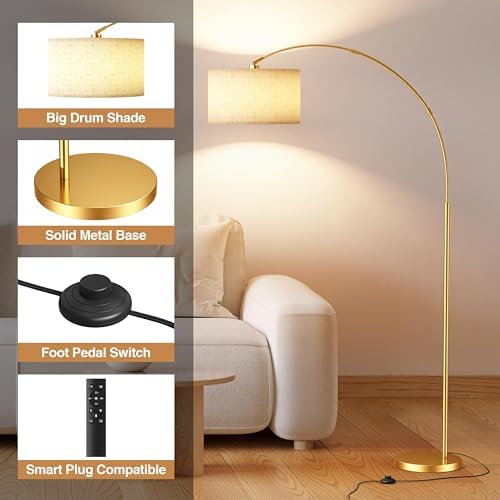 A Modern Floor lamp with Remote Control, Featuring a Large Drum-Shaped Shade, Ideal for use as a freestanding Corner lamp in Living Rooms, bedrooms, and Dining Areas (Classic-Golden) - Image 4