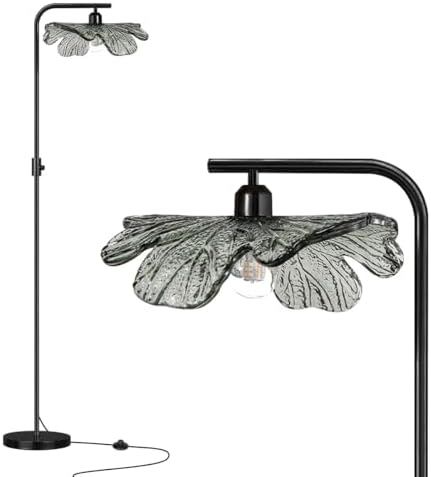 Vintage Floor Lamp Dimmable Floor Lamps for Living Room, Farmhouse Standing Lamp Black Tall Lamps with Dark Green Glass Shade, Flower Floor Light for Bedroom Corner Study Office by Auwieou