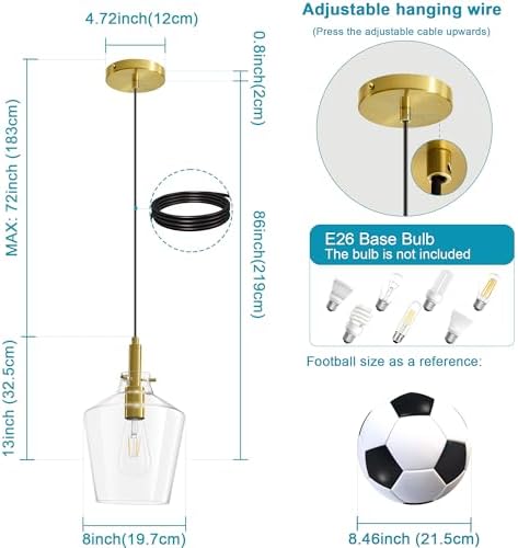 Glass Pendant Lighting for Kitchen Island Entryway 1 Pack Gold Clear 8 Inch - Image 4