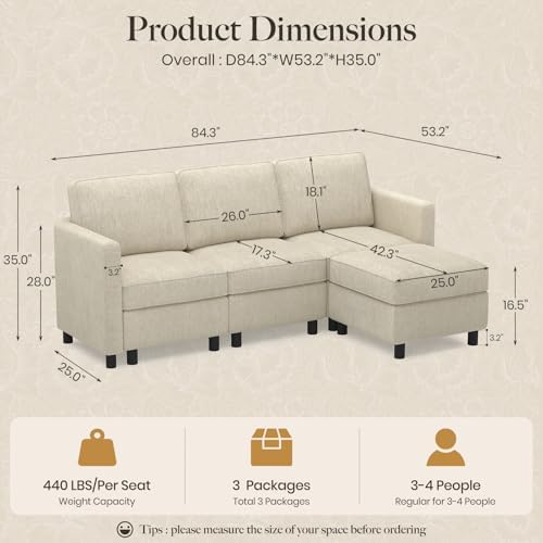 Belffin 84.3" 4 Seats L Shaped Couch Modular Sectional Sofa Washable Sectional Couches for Living Room Comfy Couches with Storage Seat Couch Sofas with Chaise,Beige - Image 2