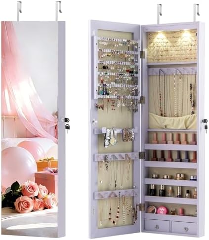 NAFORT 2 LEDs Full Length Mirror with Jewelry Armoire, Jewelry Organizers and Storage with 2 Mounting Options, 47.5”H Jewelry Cabinet with 2 Drawers, Make up & Lockable Jewelry Box, Purple by NAFORT