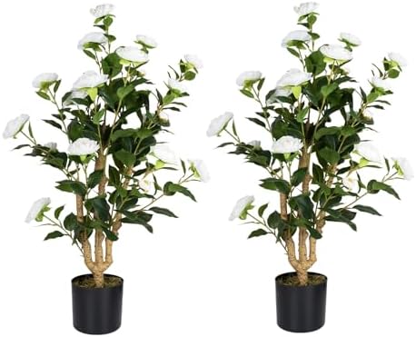 2 Pack 3FT Artificial Camellia Trees in Pots, White Flowers by ICEYBLOOMS