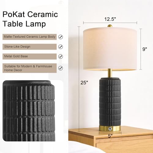 PoKat Ceramic Table Lamps Set of 2 for Living Room, 25'' Modern Touch Bedside Lamps for Bedroom with 2 USB Ports, Farmhouse Black Matte-Textured Nightstand Lamps Office Home Decor (Bulbs Included) - Image 3