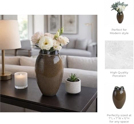 Elegant Ceramic Vase for Room, Bathroom and Bedroom Decor - Decorative Accent for Home, Kitchen, Living Room and Office - Tabletop Placement for Home and Kitchen and Flower Pots - 12", Brown - Image 5