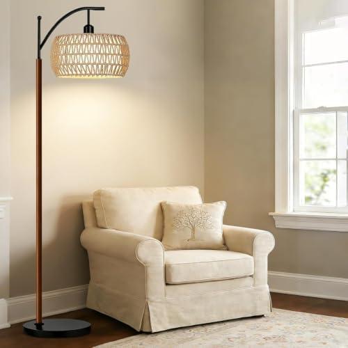 ILLMTW Boho Floor Lamp for Living Room,Bedroom,Rattan Standing Lamp with Remote Dimmable,Wood Vintage Mid Century Modern Tall Lamp Wicker Lamp Shade Floor Lights Bohemian Tiffany Style - Image 7