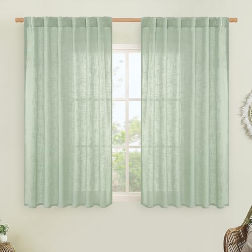 LAMIT Fresh Green Linen Curtains 54 Inch Length for Bedroom, 2 Panels by LAMIT
