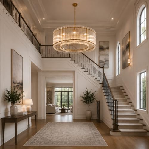 48-Inch Ripple Glass Chandelier, 2-Tier 10-Light Large Brass Round Chandelier for Dining Rooms, Living Rooms, Foyers, Staircases, Open-Concept Spaces & High Ceilings - Image 6