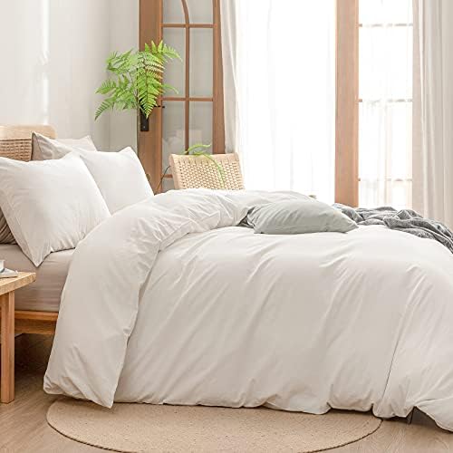 BESTOUCH Cotton Solid Duvet Cover Set Linen Feel Off White Full - Image 3