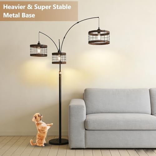 3-Lights Vintage Wood Floor Lamps for Living Room, Black Arc Floor Lamp for Bedroom, Industrial Standing Lamp for Office, Dimmable Tall Lamp, Arched Corner Floor Lamp, Over Couch Reading Lamp - Image 6