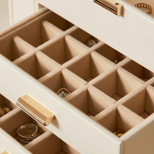 Large Leather Jewelry Box for Women, Mirror, 6 layer, White - Image 5