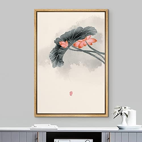 NWT Framed Canvas Print Wall Art Watercolor Chinese Style Red & Pink Lotus Flowers Nature Wilderness Illustrations Modern Art Rustic Colorful Pastel for Living Room, Bedroom, Office - 24"x36" Natural - Image 2