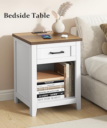 Decofy Farmhouse Nightstand with Charging Station & Large Storage, Set of 2 Modern End Tables with Outlets, USB Ports and Type-C Ports, Easy Assembly for Bedroom (Pure White + Walnut) - Image 6
