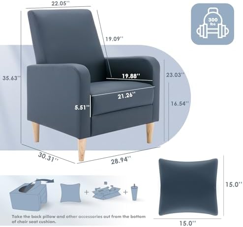 COLAMY Mid-Century Modern Accent Chair, Faux Leather Upholstered Living Room Chair with Back Pillow & Solid Wood Legs, Comfy Armchair for Living Room, Bedroom, Single Sofa, Dark Blue - Image 2