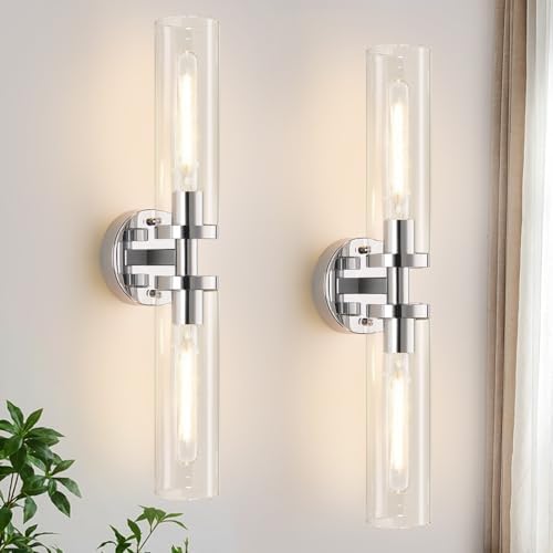 Indoi Wall Sconces Set of Two, Hardwired Chrome Bathroom Sconces Wall Lighting with Clear Glass, Modern Sconces Wall Decor Set of 2 Bathroom Light fixtures for Mirror Living Room Hallway Bedroom by Indoibrightenyourbathroom