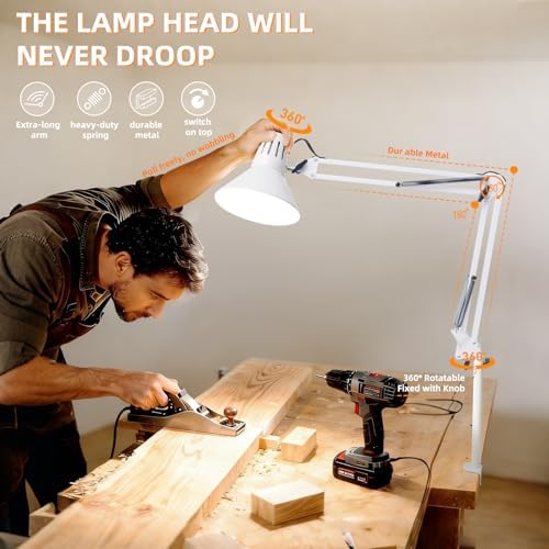 White Desk Lamp with Clamp, Extra-Tall Adjustable Metal Swing Arm, 5000K - Image 3