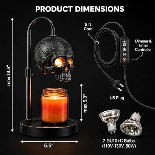 Skull Candle Warmer Lamp with Timer & Dimmer, Black Gothic Candle Warmer - Image 2