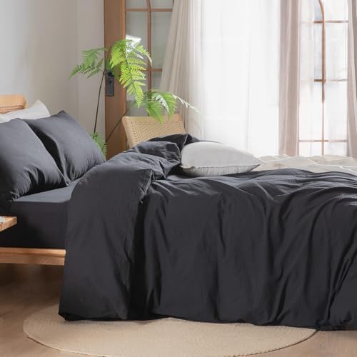 BESTOUCH Cotton Solid Duvet Cover Set Linen Feel Deep Black Alaska King - Image 3