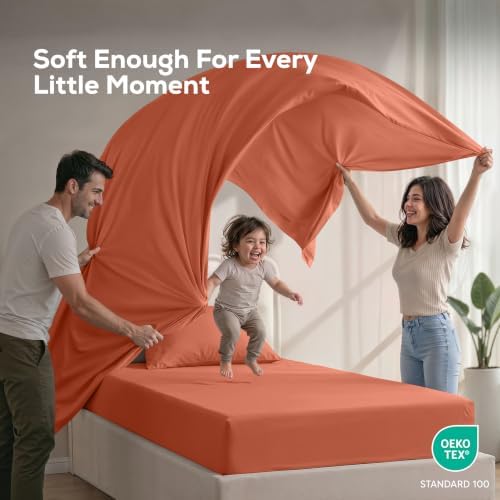 Twin Sheets Set, 3 Pieces 16" Deep Pocket Hotel Luxury Bed Sheets, Orange - Image 5