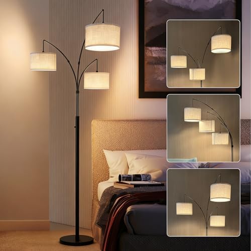 Dimmable Arc Floor Lamp, 3 Lights Floor Lamps for Living Room, 1500LM Rotary Switch Modern Tall Standing Lamp with Beige Shades & Heavy Base, Mid Century Tree Floor Lamp for Bedroom Office by ANROTIXLIGHT
