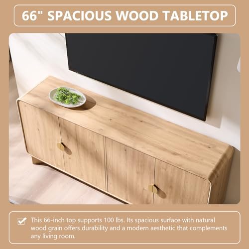 IFGET 70" Modern TV Stand with Storage, Wood Curved TV Console, Natural Oak - Image 4