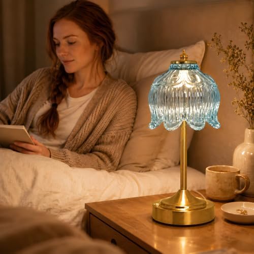 Lotus Flower Table Lamp, Cordless Rechargeable Amber Glass Bedside Lamp | 3600mAh Battery, Touch Control, 3 Color Modes & Stepless Dimming for Bedroom, Nightstand Lake Blue 1PC - Image 5
