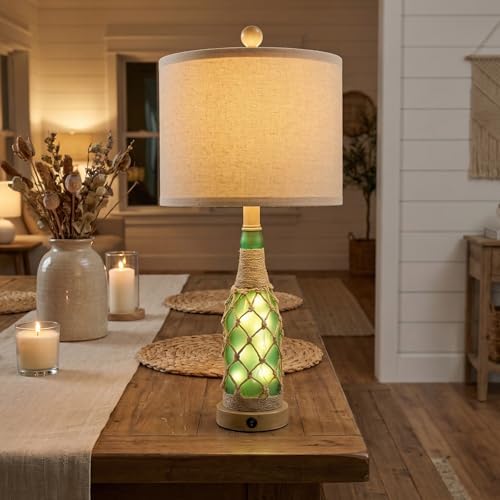 OYEARS 23'' Boho Table Lamps with Night Light for Living Room, Bedside Lamps Set of 2 with A+C Charging Ports for Bedroom, Farmhouse USB Lamps for Nightstand Console, Glass Bottle Rope Base, Green - Image 4