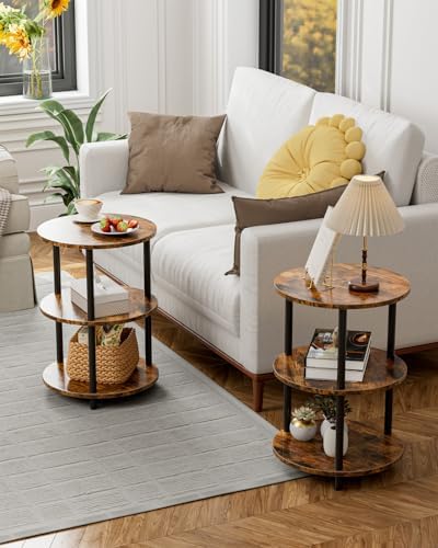 XBurmo Small Round Coffee Table - 3 Tier Design Accent Table, Narrow Side or Bedside Stand, Industrial Vintage Nightstand for Bedroom, Living Room, or Small Spaces, Rustic Brown - Image 5