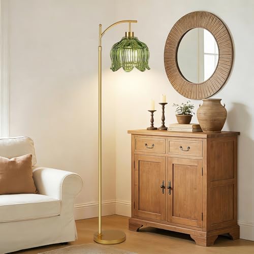 QIYIZM Green Floor Lamp for Living Room,Bedroom,Gold Dimmable Standing Lamp with Remote,Mid Century Modern Brass Tall Lamp Boho Floor Lamps Arc Vintage Glass Flower Floor Light Lamp Girls Bohemian - Image 3