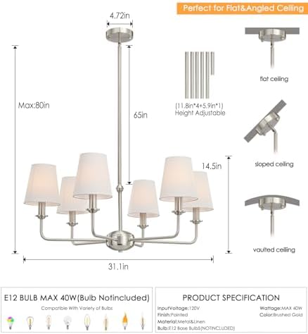 6-Light Brushed Nickel Chandelier with White Fabric Shades, E12 Base Modern Farmhouse Ceiling Light Fixture for Dining Room, Living Room, Bedroom, Kitchen, Foyer, Adjustable Hanging Rod. - Image 3