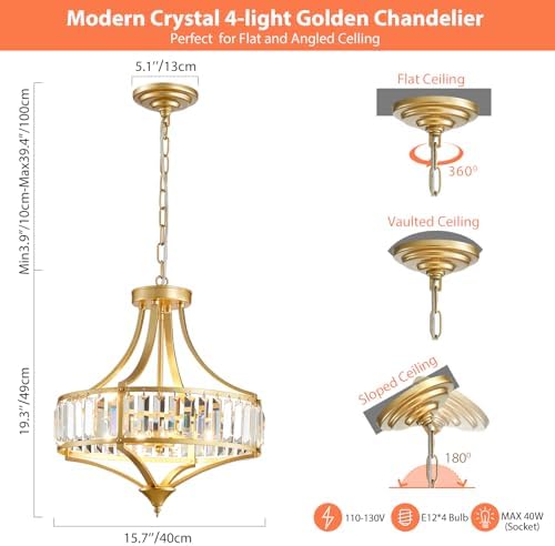 Gold Chandeliers for Dining Room Modern Round Crystal 4 Lights Rustic Pendant Lighting Fixture with Metal Lampshade for Living Room Hallway Bedroom Foyer - Image 3
