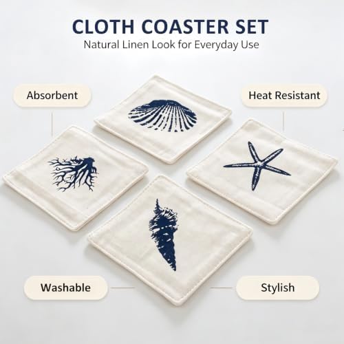 Coastal Cloth Coasters for Drinks, White Base Big Shell, 4PCS - Image 4